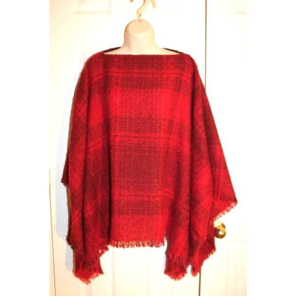 J. Jill Scarlet & Garnet Plaid Fringe Trimmed Poncho size S-L NWT - Picture 1 of 4
